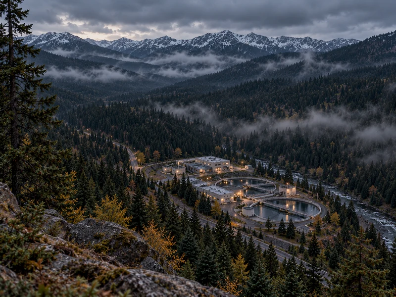 The Ridgemont water treatment plant at dusk, seen from a rocky overlook: lit buildings and round treatment basins beside a river, deep in a forested valley with low fog and snow-capped mountains beyond.